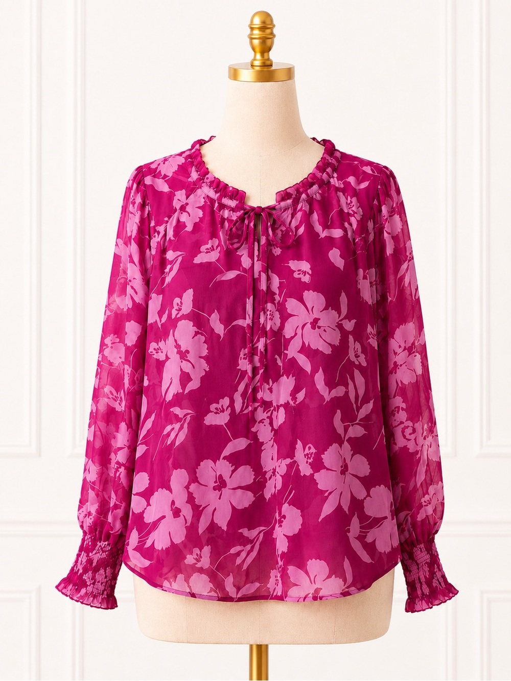 Umgee The Magnolia Bloom Blouse Pink Floral Smocked Tie Neck Top Size S - Picture 3 of 4